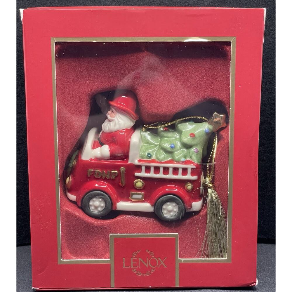 Lenox Santa in Fire Truck Christmas Ornament. Porcelain New Opened For Pics Only